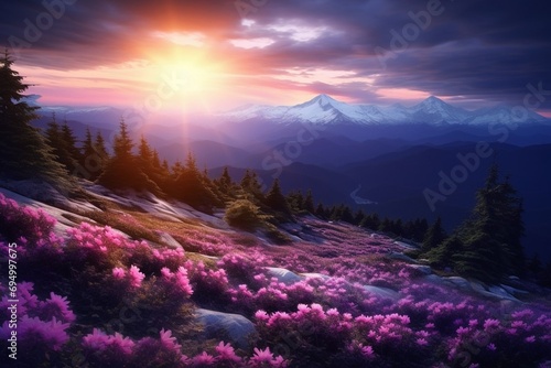 the landscape is spring, everything is blooming, in the mountains, soft sunset light