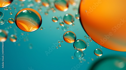 A group of orange bubbles floating on top of blue water