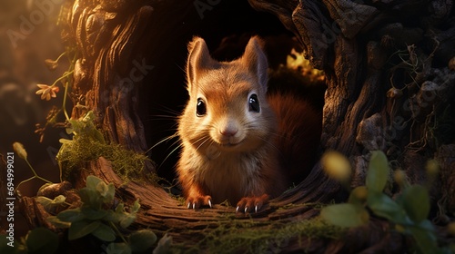 A playful squirrel nestled in a tree hollow, surrounded by heart-shaped acorns
