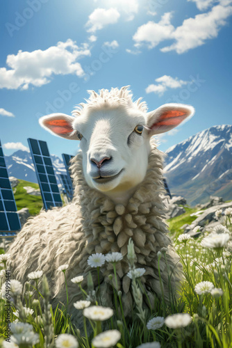a sheep with solar panels for renewable energy in the background. sustainable power and electricity