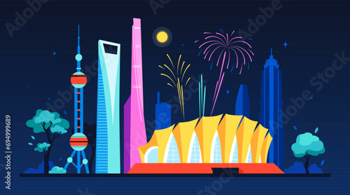 Night China in neon lights - modern colored vector illustration