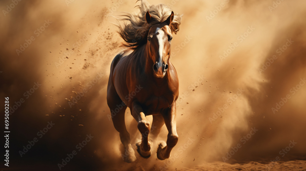  A horse running through the air with a lot of dust on background 