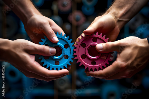 Two hands are holding colorful gears, one blue and one pink, against a background of many gears. This symbolizes teamwork, connection, and working parts
