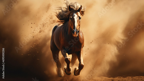  A horse running through the air with a lot of dust on background 