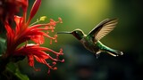 Rare Green Hermit hummingbird in Costa Rica, captured in action feeding on a vibrant red flower amid a lush tropical forest.