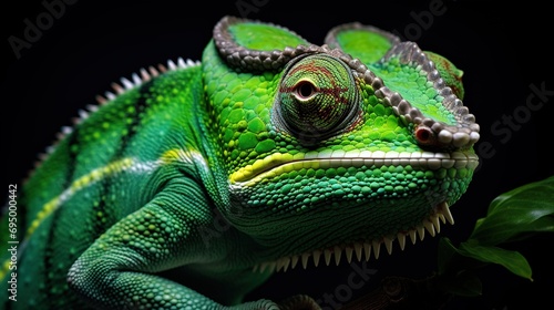 Green colored chameleon close up