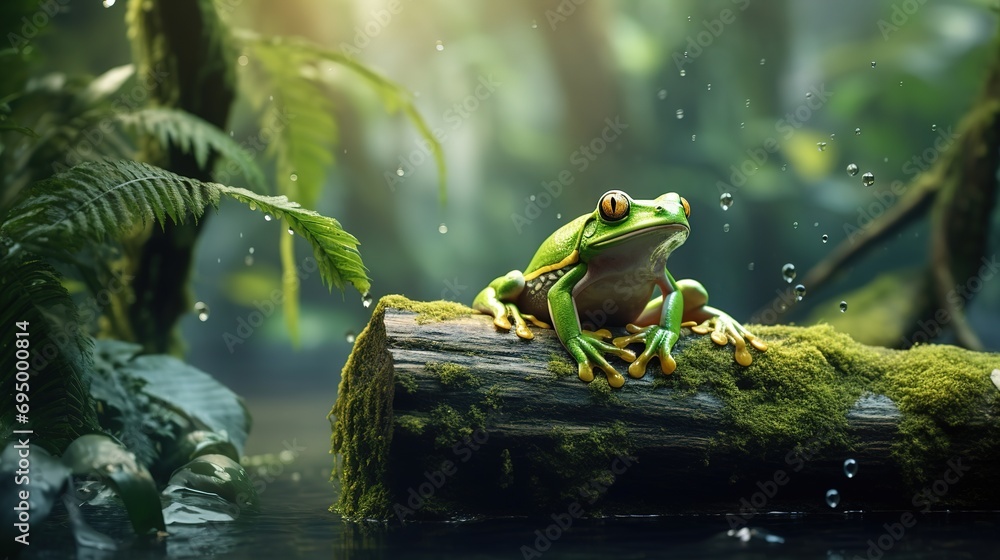 green frog floating in a rainforest river - obrazy, fototapety, plakaty 