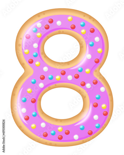 Sweet number eight shaped cookie decorated with pink royal icing and sprinkles. Festive cake for birthday, anniversary, date