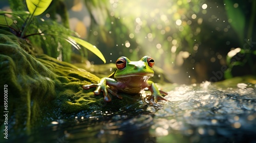 green frog floating in a rainforest river photo