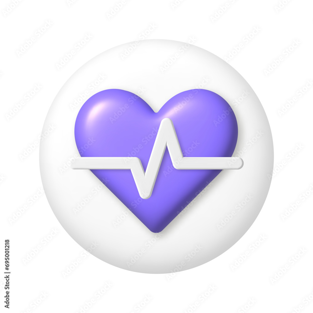 Purple heart with white pulse line icon on white button. Medical healthcare concept. 3D vector illustration. Purple heart with white pulse line icon on white button. Medical healthcare concept. 3D vector illustration.