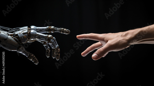 A human hand reaches out to a robots hand photo