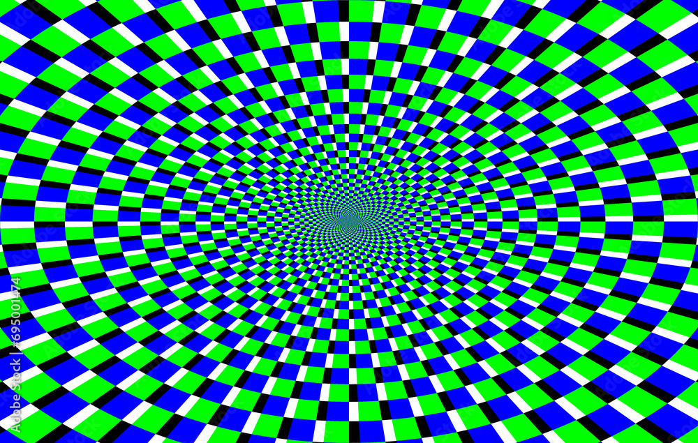 Fototapeta premium Geometryczne ruchome kwadraty - iluzja optyczna, złudzenie. Kolisty graficzny układ kwadratów w kolorach niebieskim i zielonym zbiegających się w centrum, tło