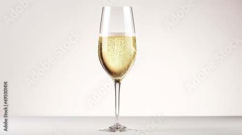 Isolated closeup of a glass of champagne or sparkling white wine on a white background