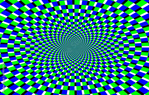 Geometryczne ruchome kwadraty - iluzja optyczna, złudzenie. Kolisty graficzny układ kwadratów w kolorach niebieskim i zielonym zbiegających się w centrum, tło