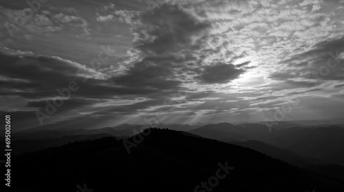 Idyllic panoramic view from Peak of Schöpfl in Lower Austria. Monochrome shot