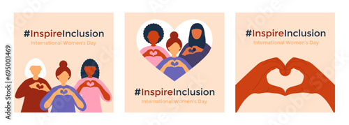 Women hold their hands in the shape of a heart. Inspire inclusion.International Women's Day. Set of square social media posters.Vector illustration.