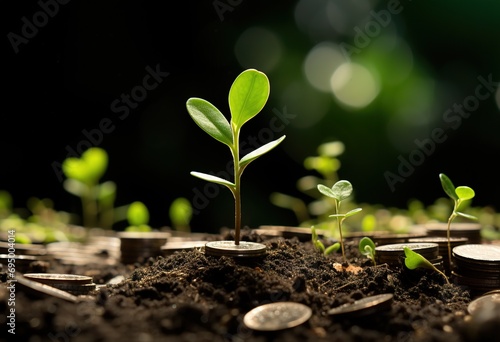 Emerging green shoots among coins, symbolizing financial growth and sustainable investment photo