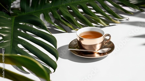 Cup of coffee with leaves. Cup of coffee and monstera leaves on white background.  photo