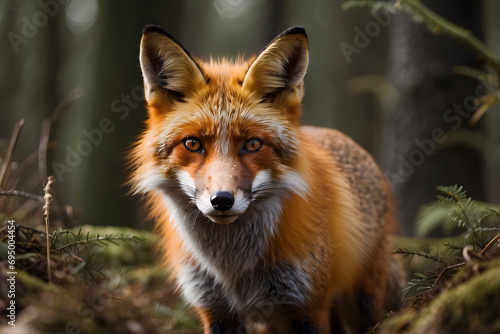 A close-up fox with orange and brown eyes in the forest