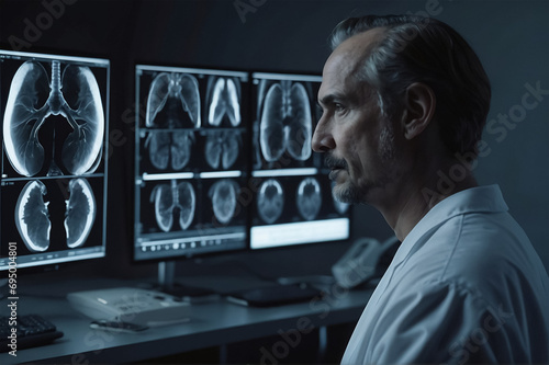 A neurosurgeon in a green coat looks at MRI images of a person's brain. photo