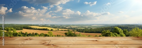 A Wooden Platform overlooking Beautiful agriculture farm Scenery  Serene view  mockup with copy space  harvest  Farming  Growing