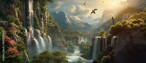 Canvas Print Painting of a beautiful waterfall with a river below