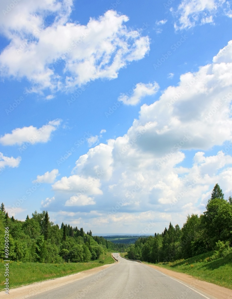 Road in the forest on the background of blue sky with white clouds