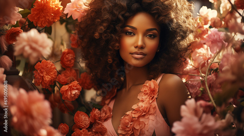 Portrait of a young beautiful, romantic, African american woman in fresh blooming flowers