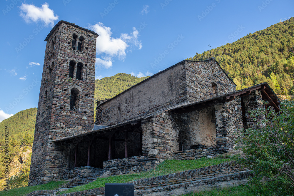 Sant Joan de Caselles in Canillo: Romanesque church, late 12th century tower bell celebrated for Andorran religious architectural charm Sant Joan de Caselles in Canillo: Romanesque church, late 12th century tower bell celebrated for Andorran religious architectural charm