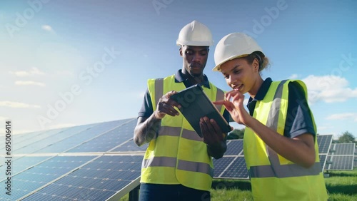 Male and female engineers wearing hard hats and hi vis safety vests with digital tablet outdoors inspecting solar panels on sustainable energy farm - shot in real time