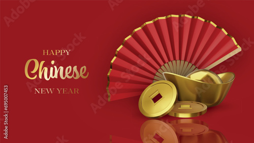 chinese new year banner with gold ingot and coins and folding fan. chinese new year background with realistic 3d elements