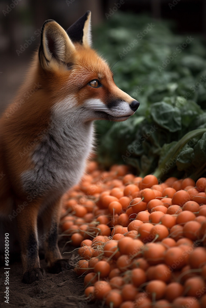 Fototapeta premium fox and many carrots created with Generative Ai