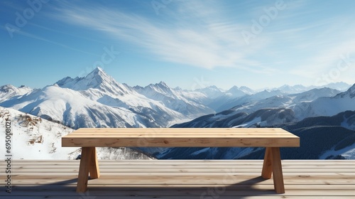 A Wooden Platform overlooking Beautiful snow mountain Scenery, Serene view, mockup with copy space