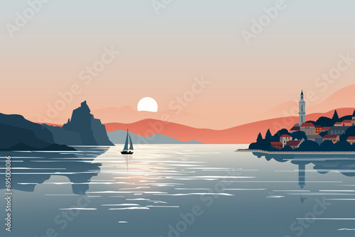 Beautiful landscape of a bay with a sailboat and a sea town against the backdrop of mountains and a stunning sunset. A beautiful coastal town with an amazing sunset. Vector illustration for design.
