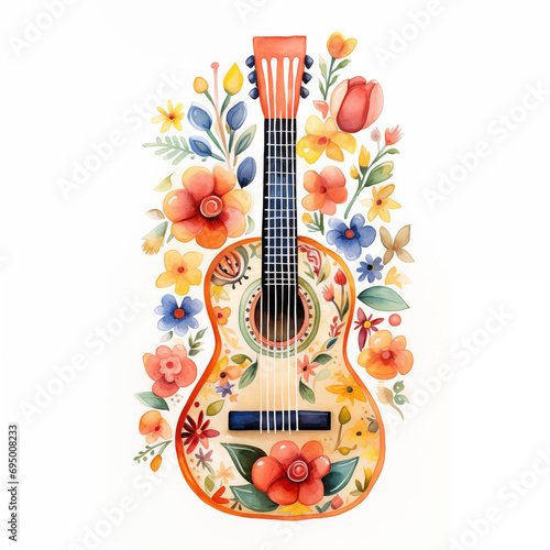 Cinco de Mayo. Guitar: Abstract Mexican Vihuela with Flowers. Watercolour Illustration Isolated on White in Mexican Carnival Style.