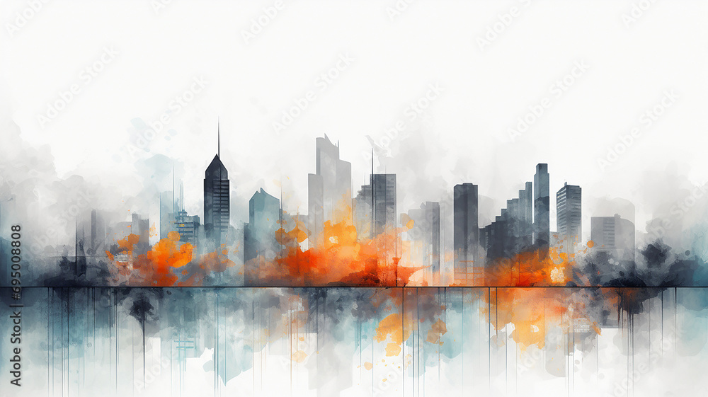 Watercolor-rendition-evoking-an-abstract-urban-panorama,-where-skyscrapers