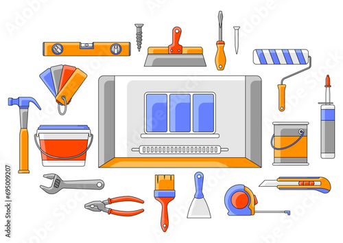 Background with repair tools. Equipment for construction industry and business.