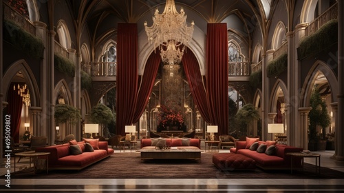 The panoramic view of the Royal Velvet Sanctuary's grand living space, featuring high ceilings, regal drapes, and a harmonious color palette that adds to the overall sense of royal opulence.