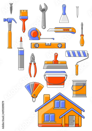 Background with repair tools. Equipment for construction industry and business.