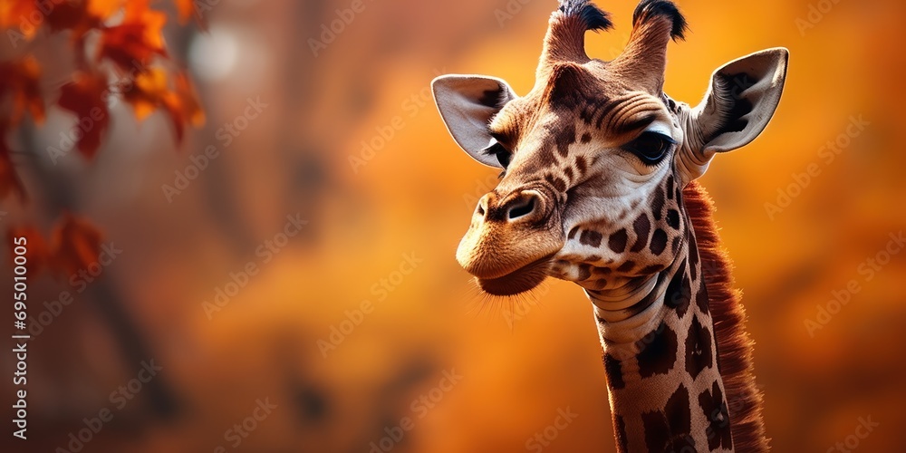 Obraz premium Giraffe's head rises elegantly against a canvas of autumn leaves.