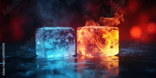 Two cubes embody fire and ice, contrasting energy and calm. photo
