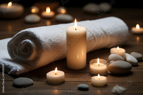 The image of a luxury spa with towels  lit candles  and special spa stones side by side in dim light