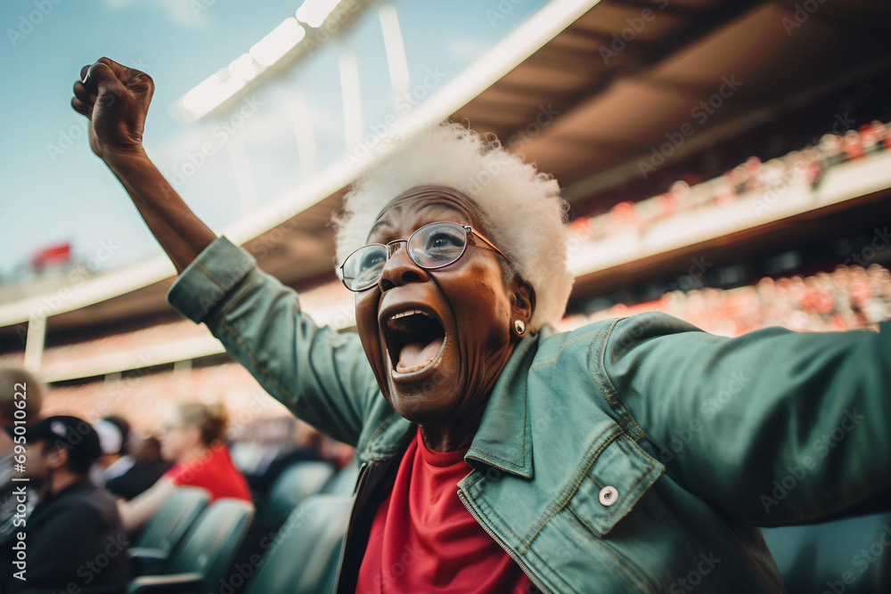 The old lady at the stadium sports event competition cheering. Generative ai image
 - obrazy, fototapety, plakaty 
