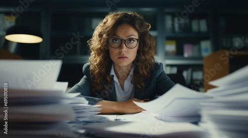 A young woman of European appearance is sitting at her desk, she has a lot of work and a lot of papers. sad tired woman glass works until late. concept office, work, fatigue, business photo