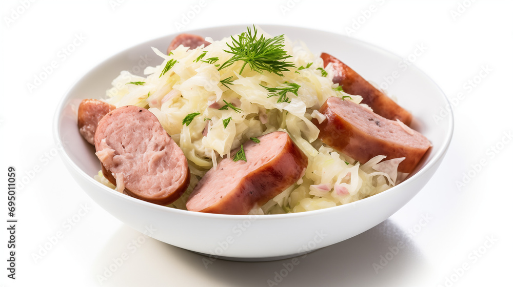 Plat de choucroute alsacienne dans une assiette creuse avec des saucisses émincées Plat de choucroute alsacienne dans une assiette creuse avec des saucisses émincées