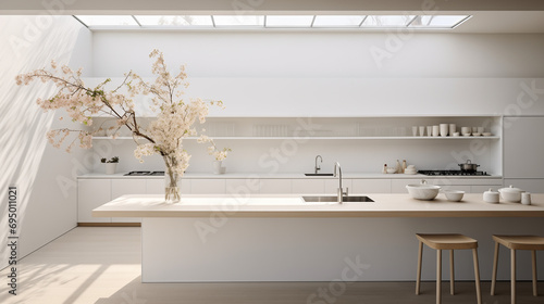 Grande cuisine blanche laquée et luxueuse rappelant un design japonais et minimaliste, tons neutres, blancs et beiges