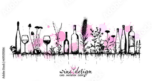 Black wine designs with colorful wine splashes - collection of wine glasses and bottles. Sketch vector illustration with grasses. Wine elements for invitation cards, advertising banners and menus.
