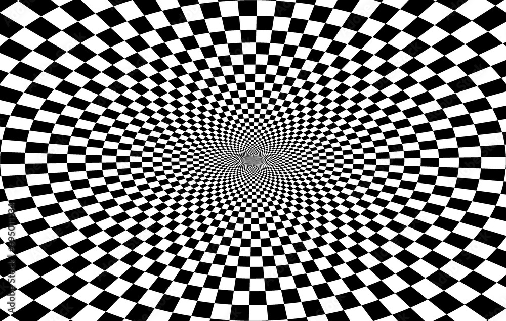 Geometryczne ruchome kwadraty - iluzja optyczna, złudzenie. Kolisty graficzny układ kwadratów w kolorach czarnym i białym zbiegających się w centrum - szachownica, tło - obrazy, fototapety, plakaty 