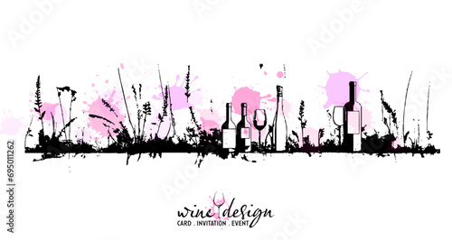 Black wine designs with colorful wine splashes - collection of wine glasses and bottles. Sketch vector illustration with grasses. Wine elements for invitation cards, advertising banners and menus.