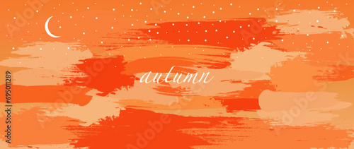 Vector background. Watercolor painting of orange sky with stars and moon. Modern autumn print. Ideal for textile design, screensavers, covers, cards, invitations and posters.